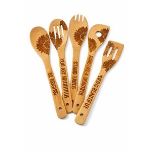 INNObeta Bamboo Cooking Spoon Set‎ 5pc Sunflower Engraved Gift Tube